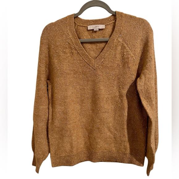 Loft Gold Speckled Camel V-Neck Sweater NWOT, size S - Picture 1 of 7